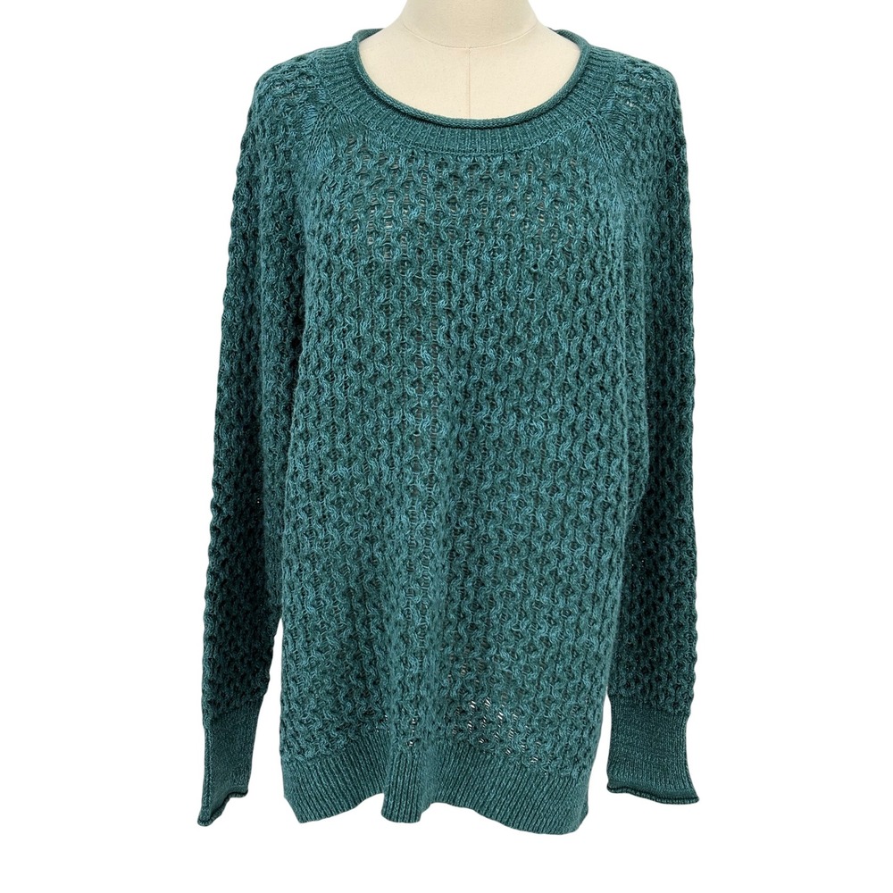 Time and Tru Open Knit Sweater Teal Green Crochet Raglan XL